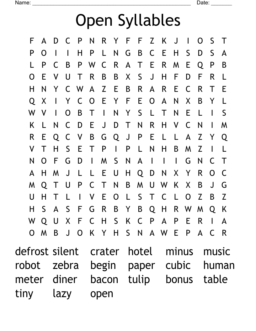 Open Syllables Word Search