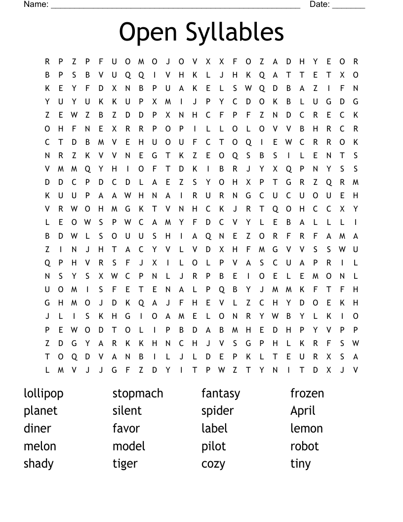 Open Syllables Word Search
