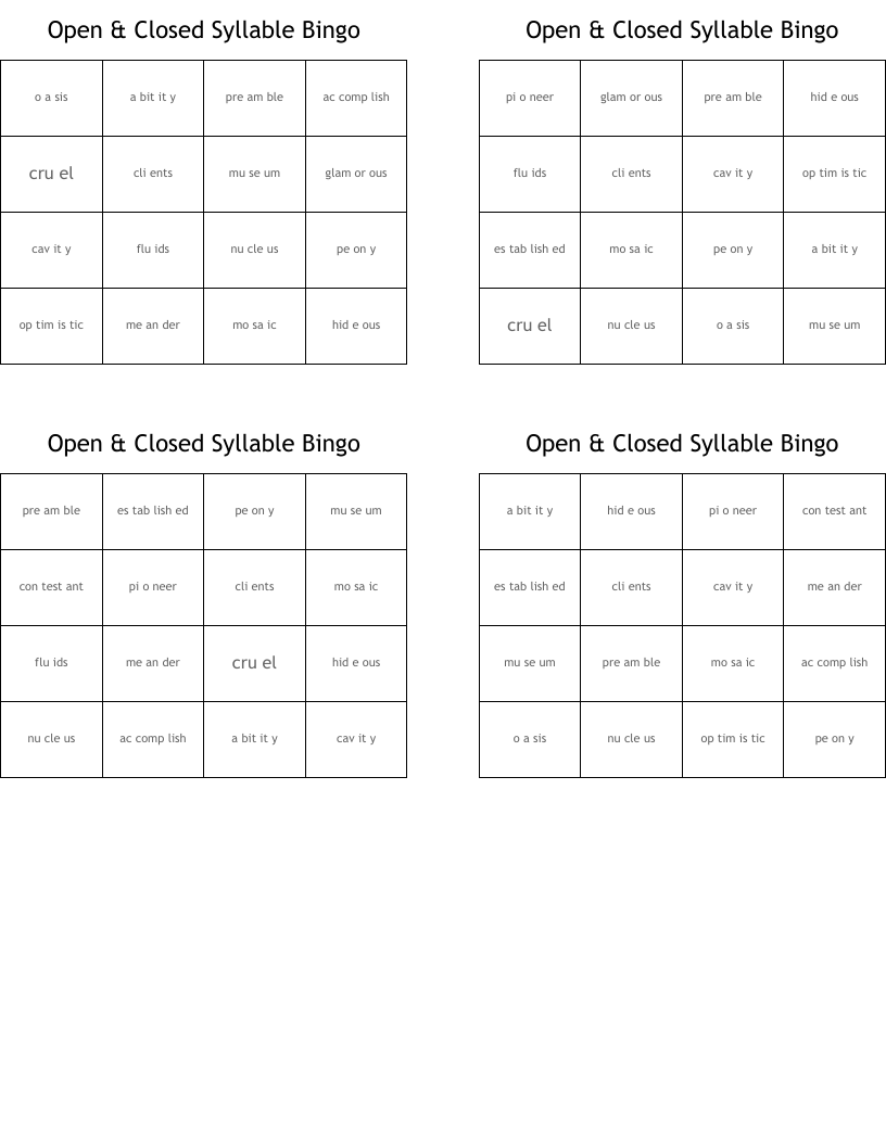 Open & Closed Syllable Bingo
