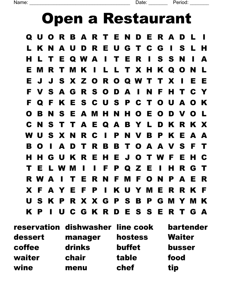 Open a Restaurant  Word Search