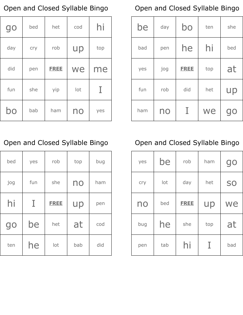 Open and Closed Syllable Bingo 
