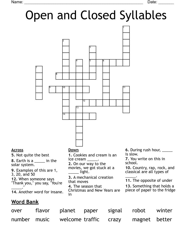 Open and Closed Syllables Crossword