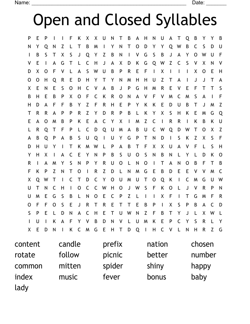 Open and Closed Syllables  Word Search
