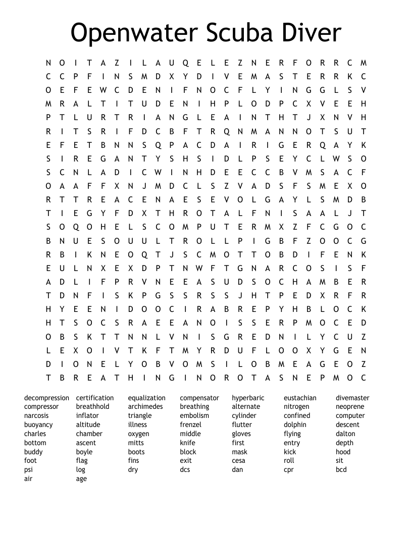 Openwater Scuba Diver Word Search