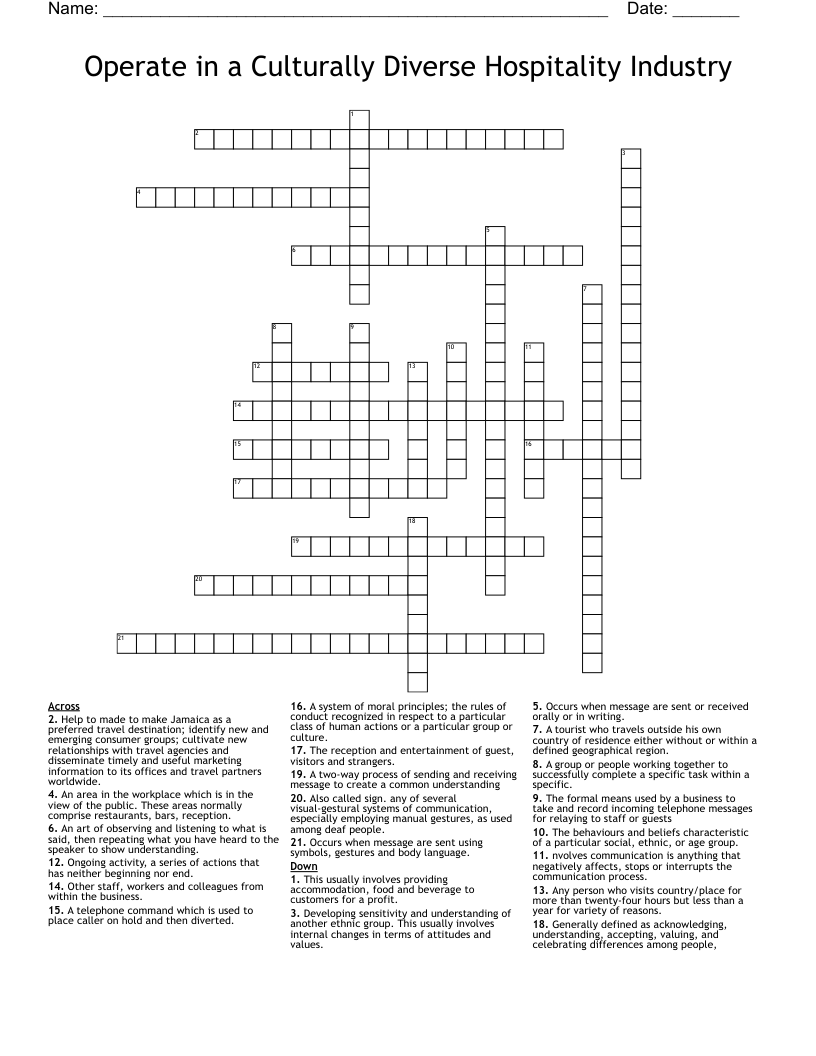 Operate in a Culturally Diverse Hospitality Industry Crossword