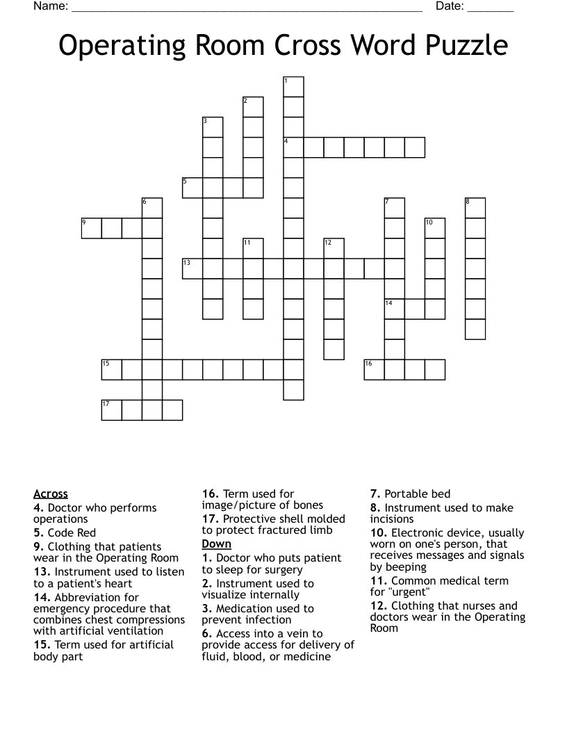 Operating Room Cross Word Puzzle