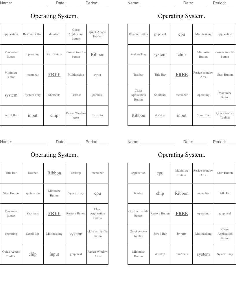 Operating System. Bingo Cards