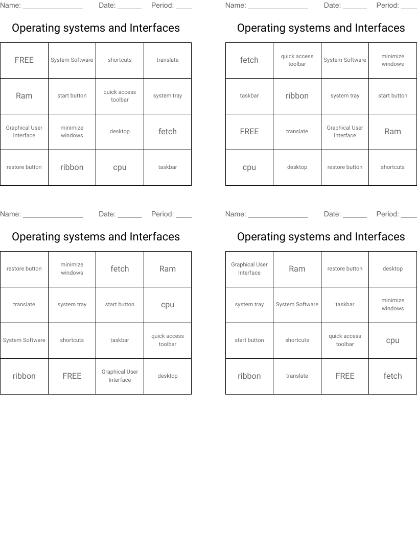 Operating systems and Interfaces Bingo Cards