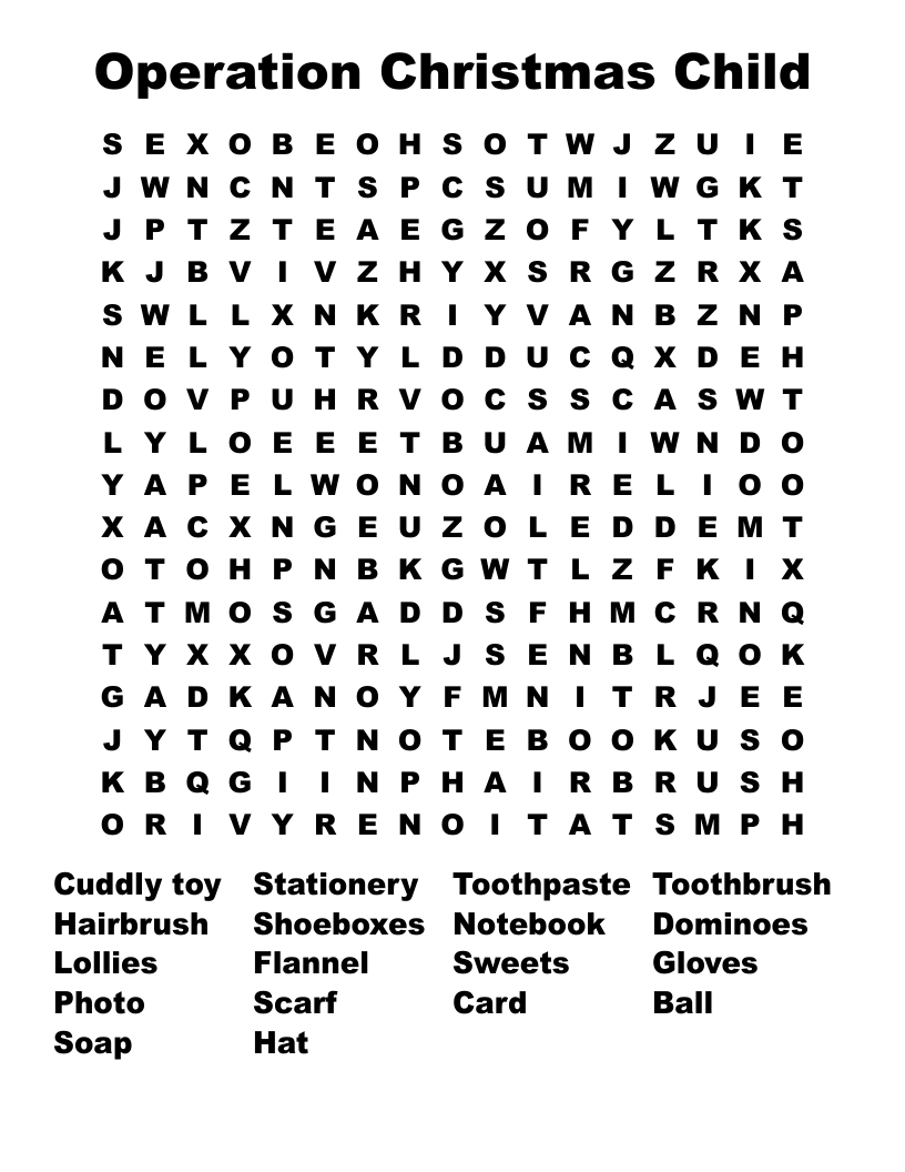 Operation Christmas Child Word Search