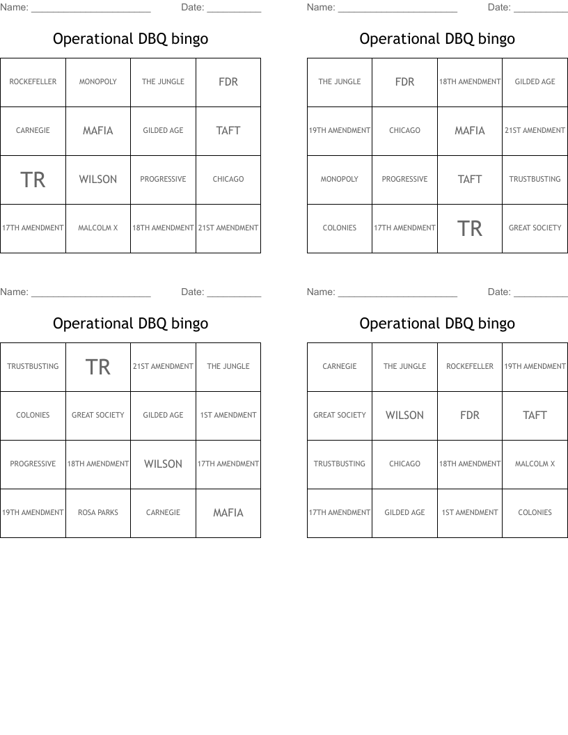 Operational DBQ bingo