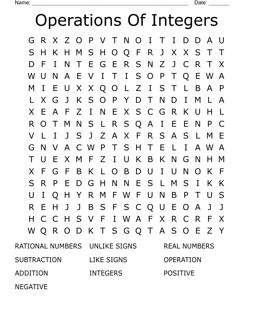 Operations Of Integers Word Search