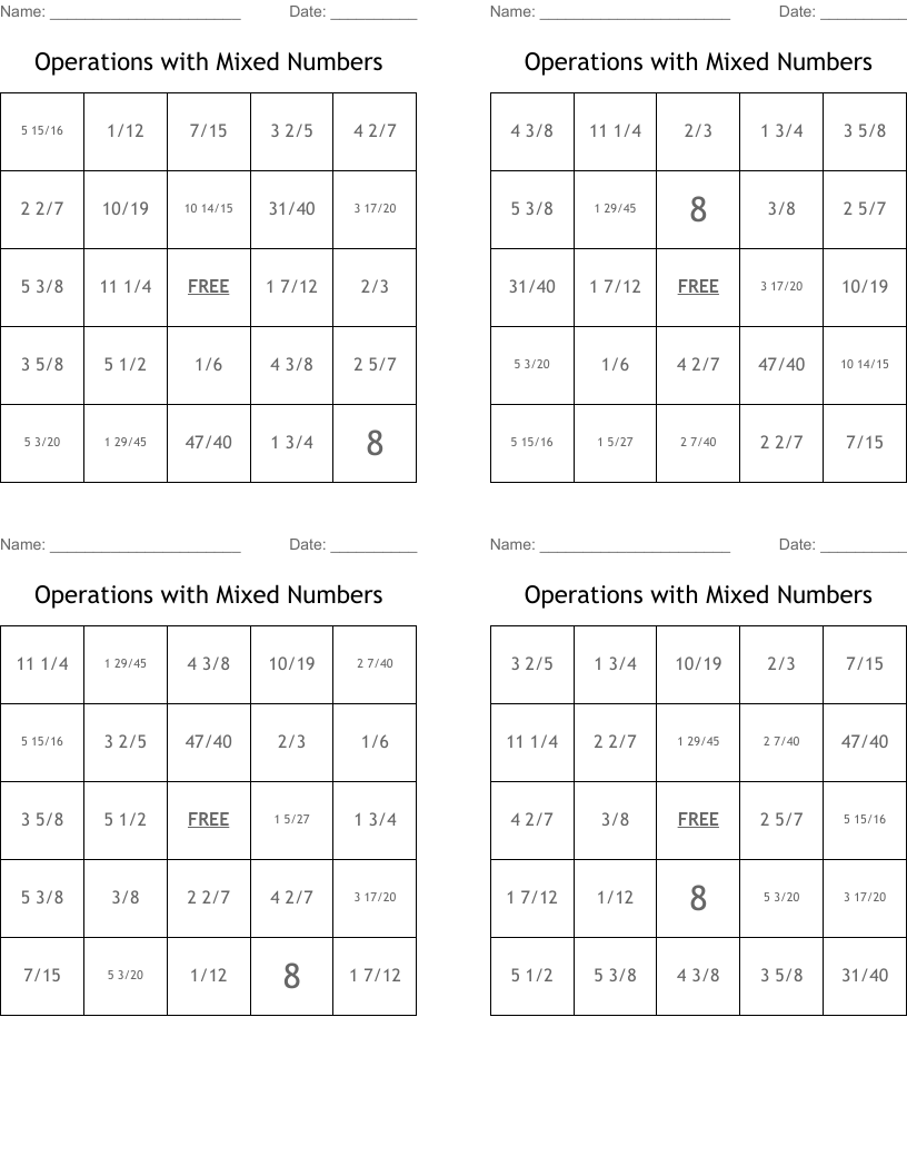 Operations with Mixed Numbers Bingo Cards