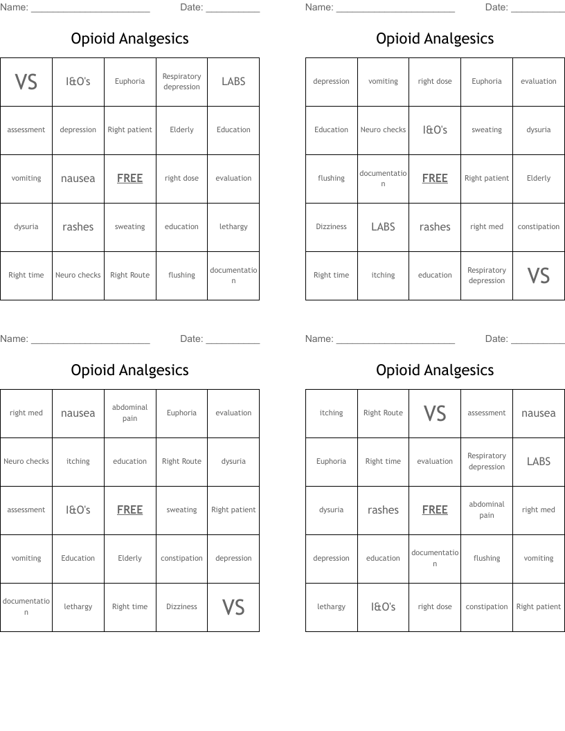 Opioid Analgesics  Bingo Cards
