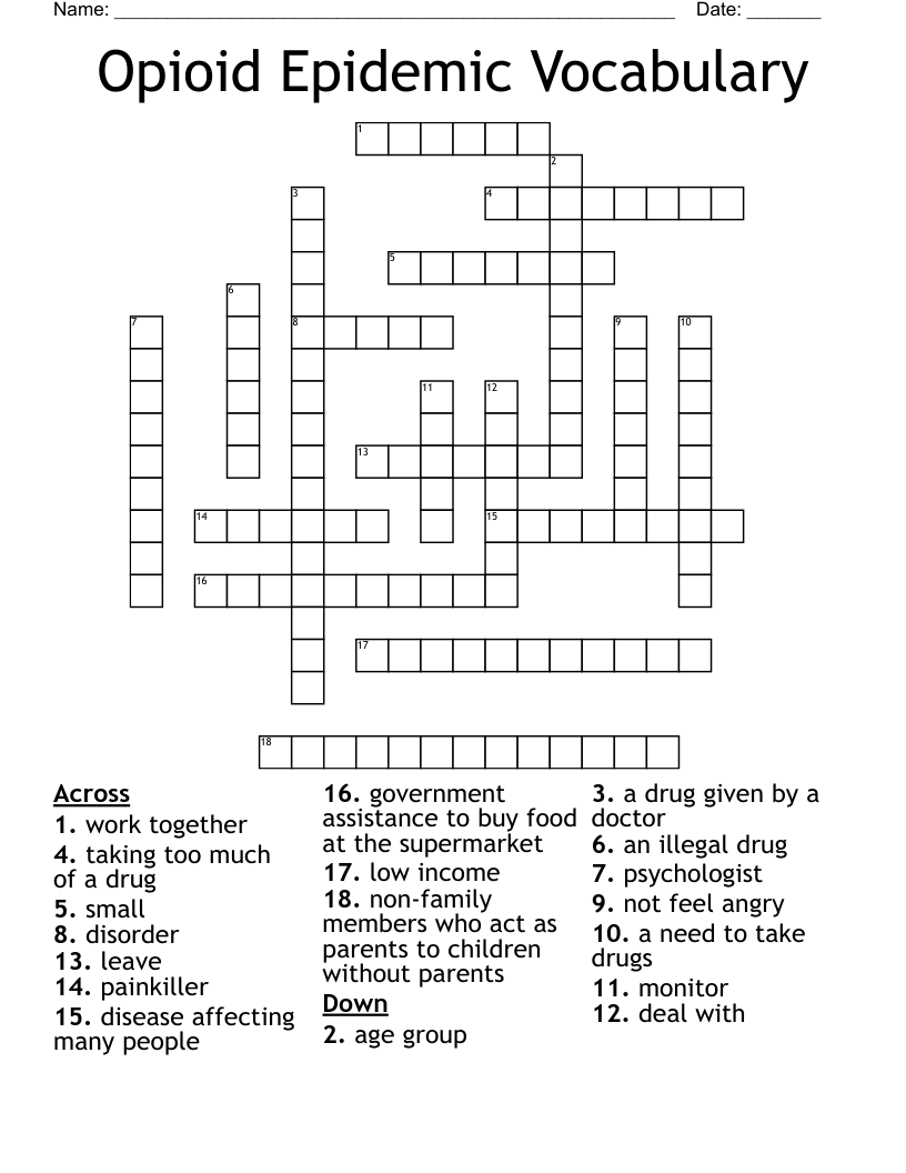 Opioid Epidemic Vocabulary Crossword