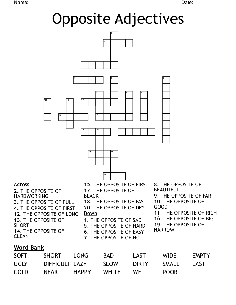 Opposite Adjectives Crossword