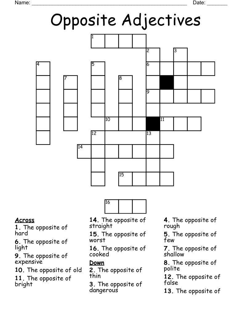 Opposite Adjectives Crossword