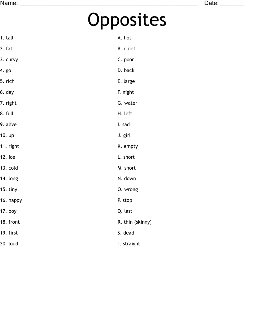 Opposites Worksheet