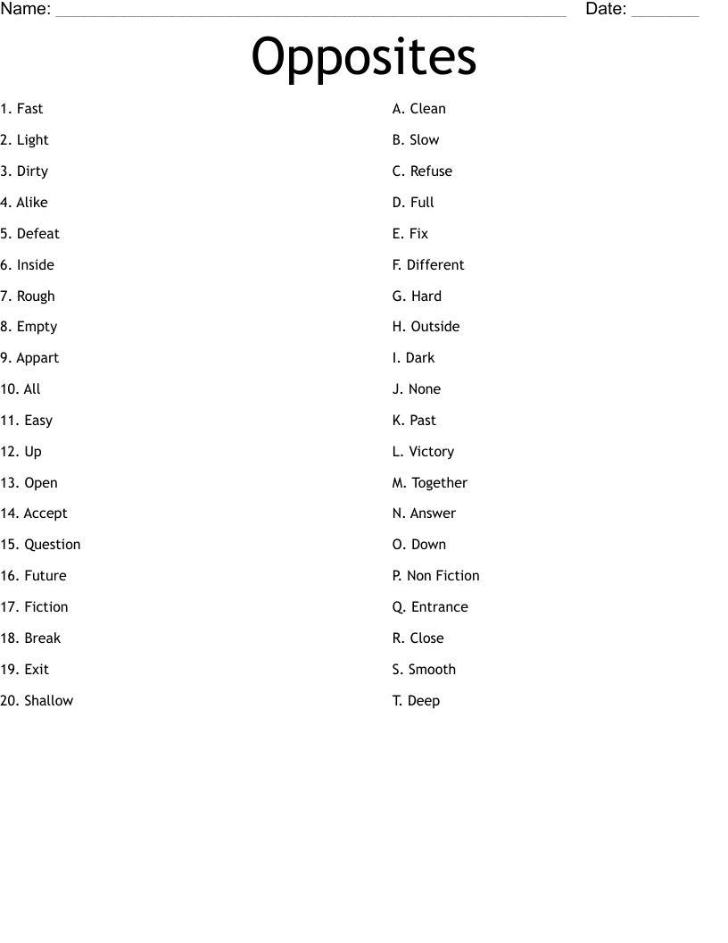 Opposites Worksheet