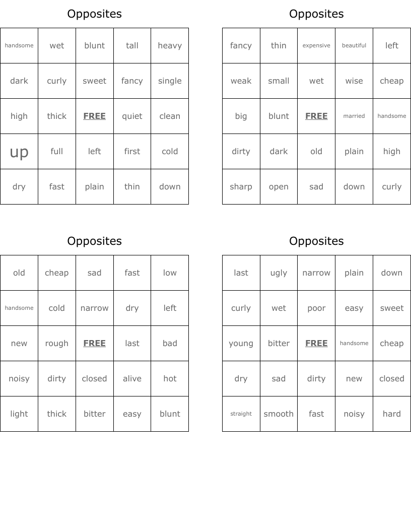 Opposites Bingo Cards