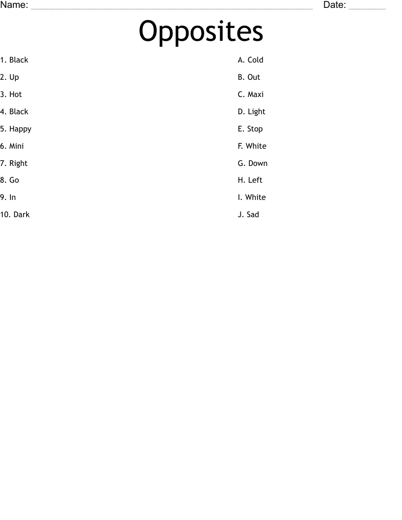 Opposites Worksheet