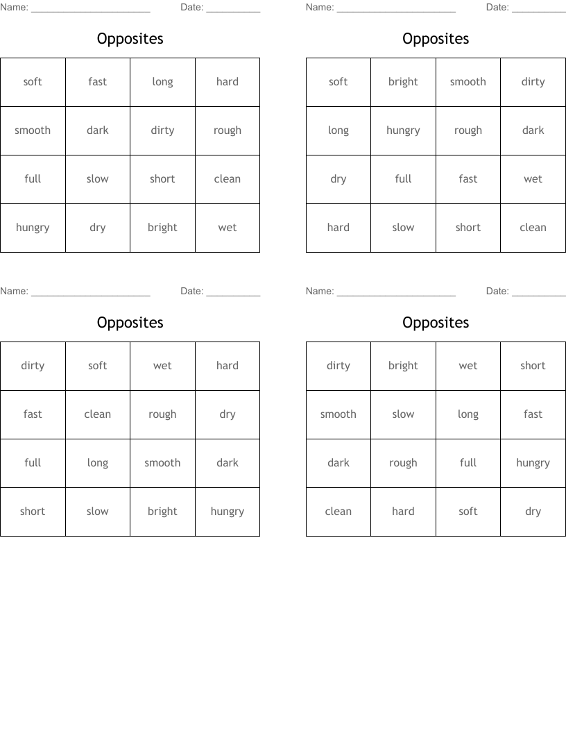 Opposites Bingo Cards