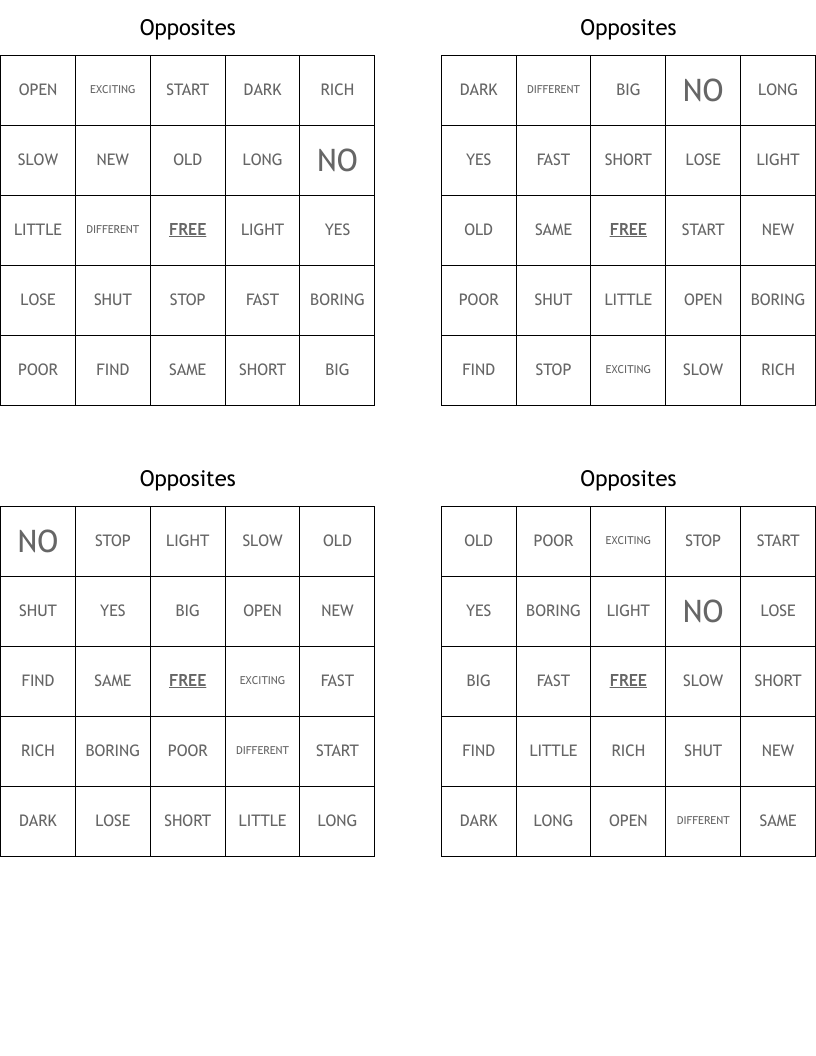 Opposites Bingo Cards