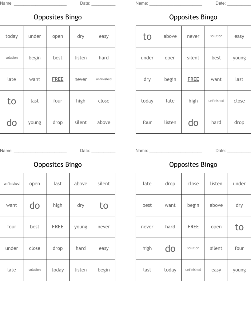 Opposites Bingo