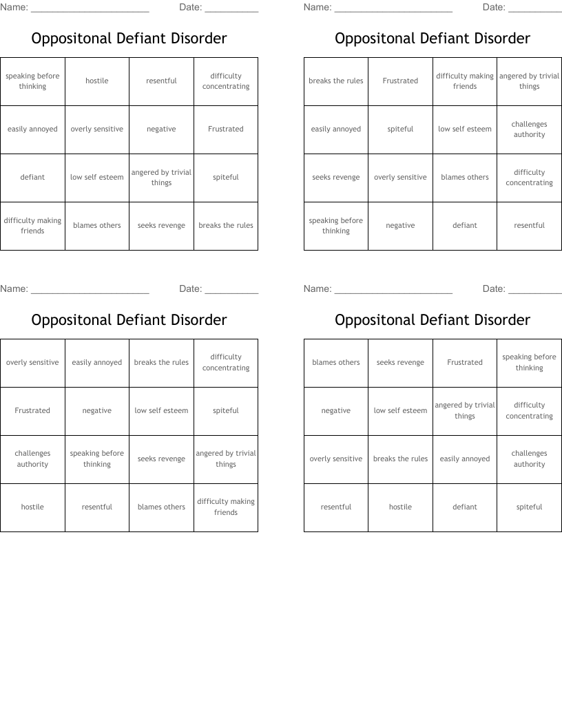 Oppositonal Defiant Disorder Bingo Cards