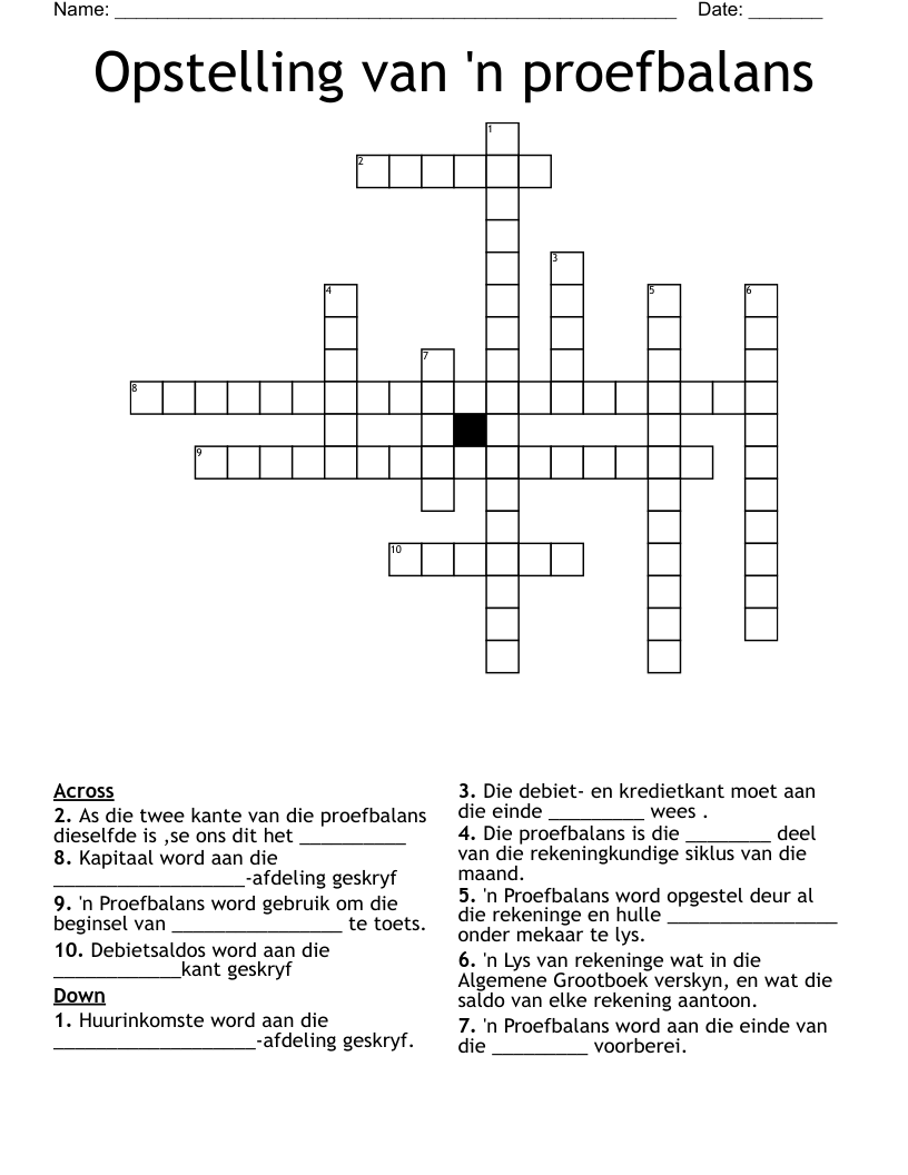 Opstelling van 'n proefbalans Crossword