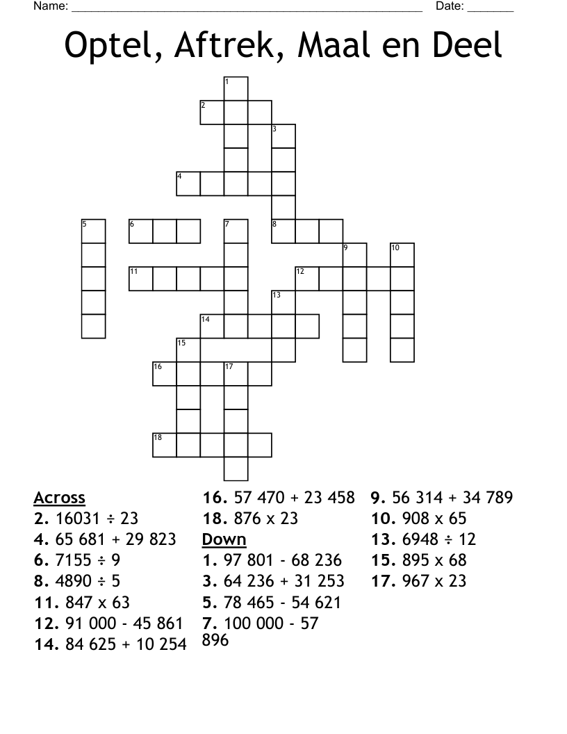 Optel, Aftrek, Maal en Deel Crossword