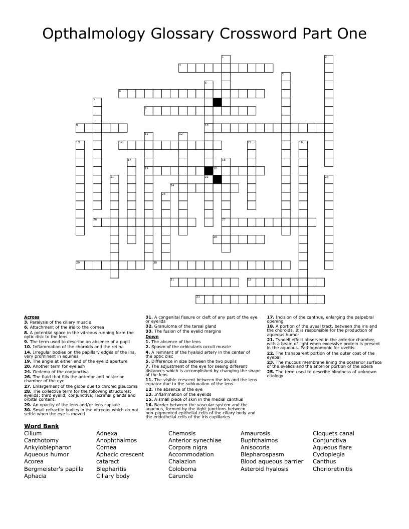 Opthalmology Glossary Crossword Part One
