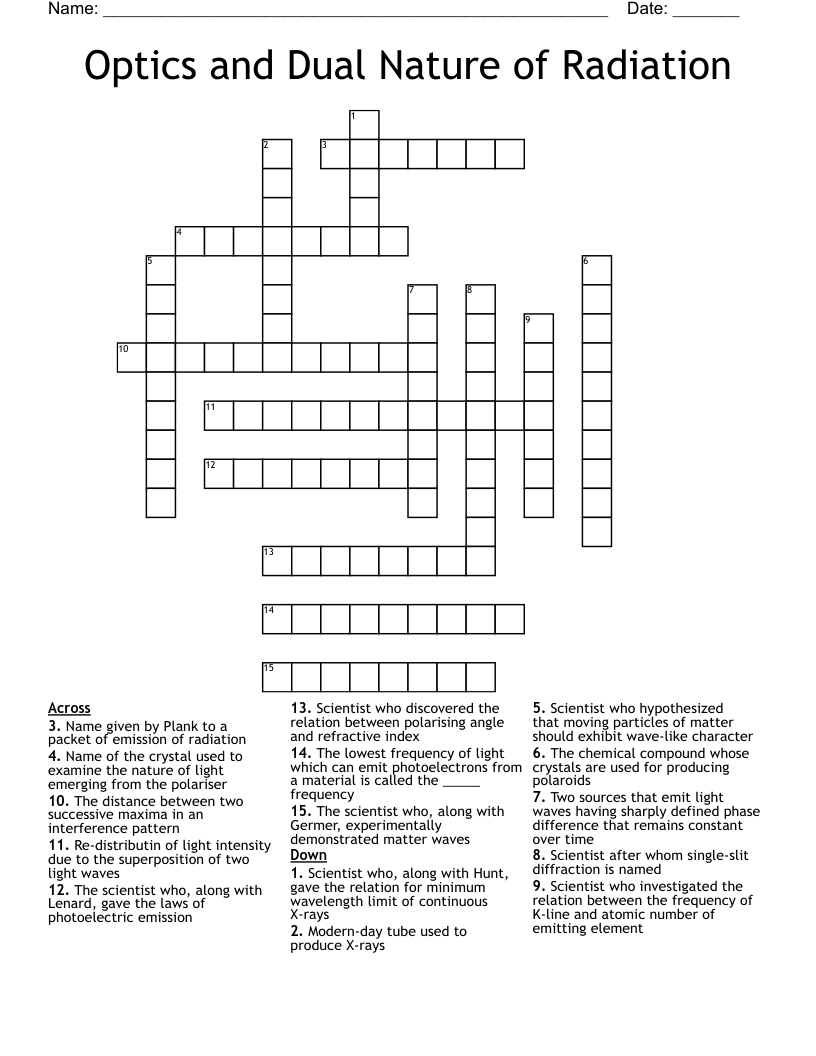 Optics and Dual Nature of Radiation Crossword