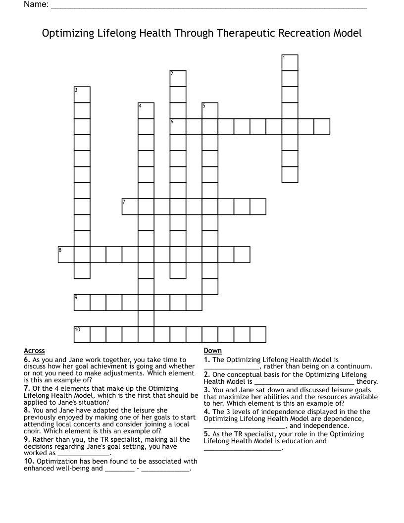 Optimizing Lifelong Health Through Therapeutic Recreation Model Crossword