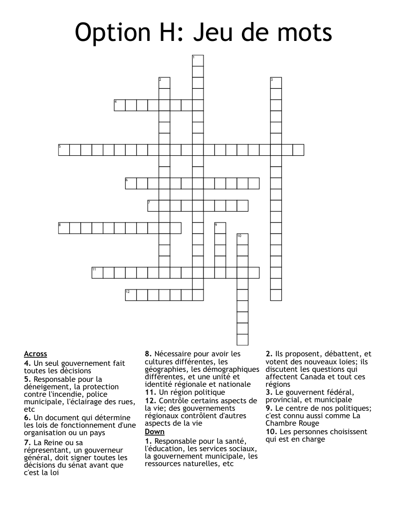 Option H: Jeu de mots Crossword