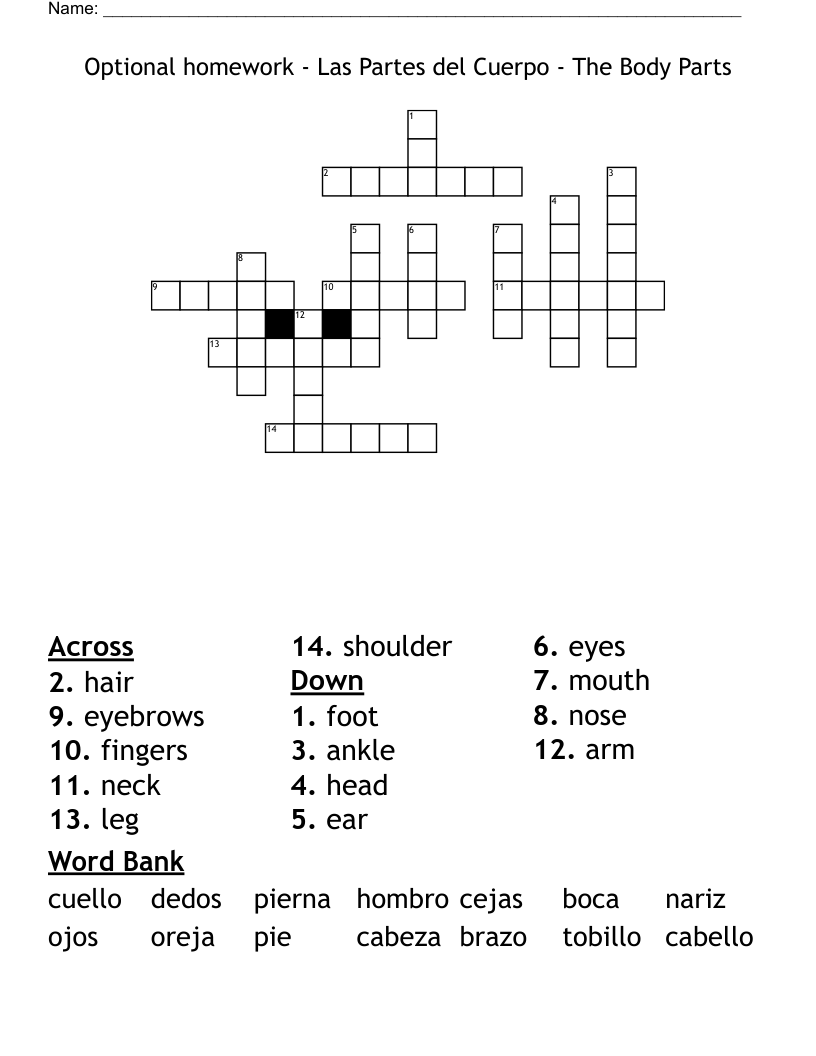Optional homework - Las Partes del Cuerpo - The Body Parts Crossword