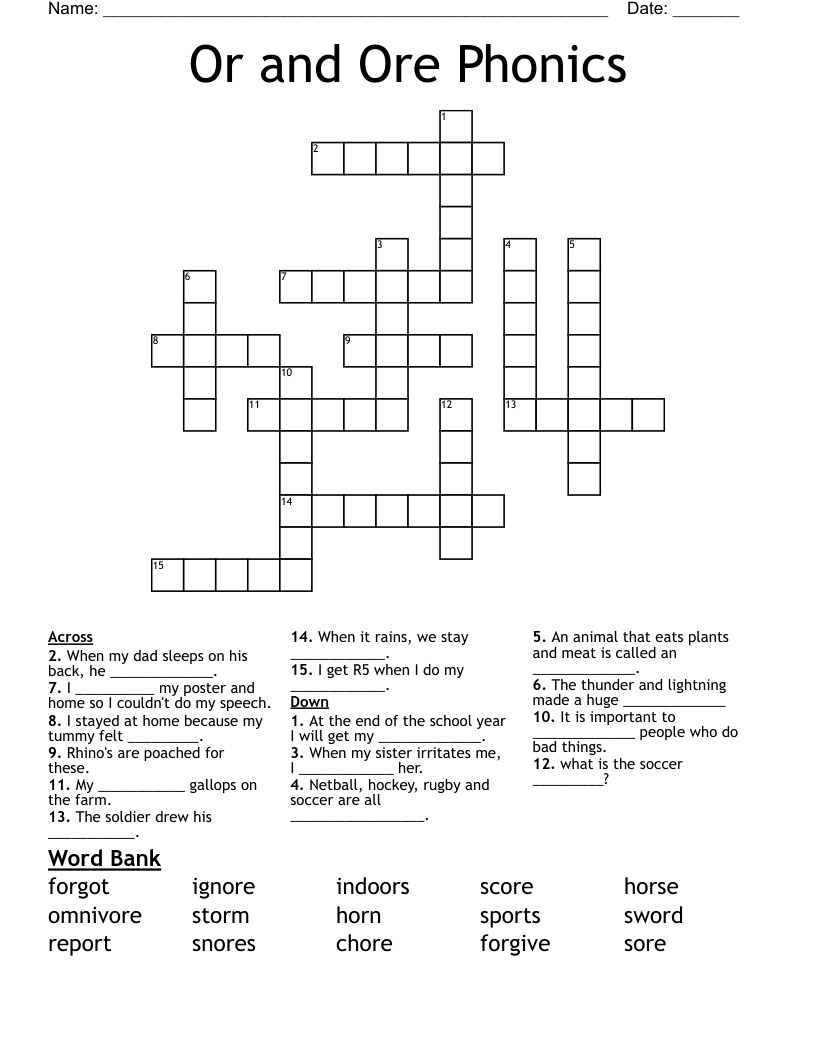 Or and Ore Phonics Crossword