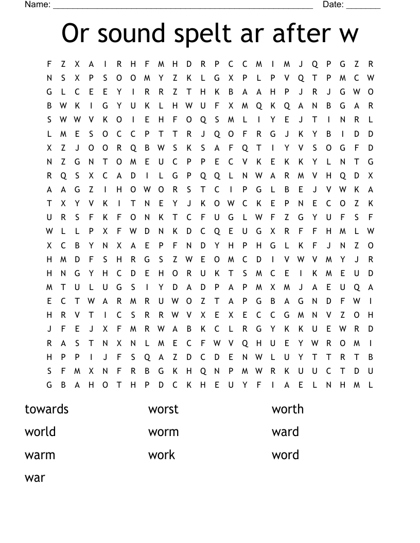 Or sound spelt ar after w Word Search