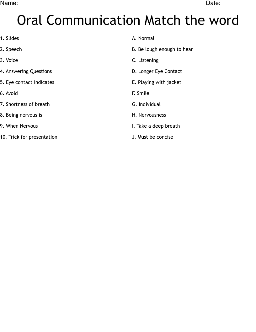 Oral Communication Match the  word  Worksheet