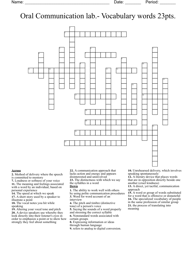 Oral Communication lab.- Vocabulary words 23pts. Crossword