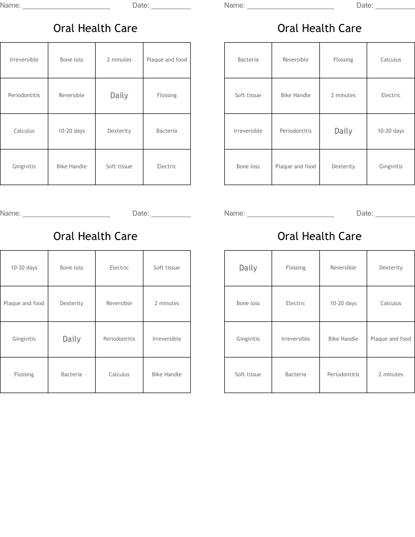 Oral Health Care Bingo Cards