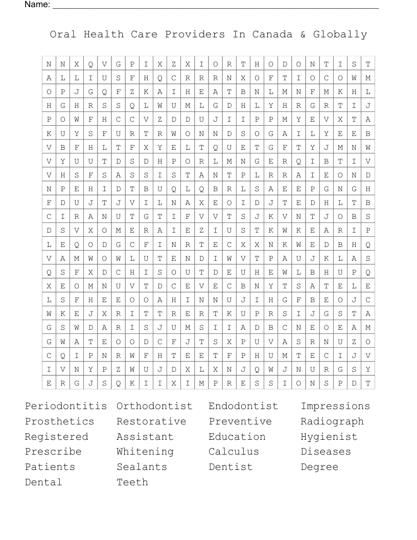 Oral Health Care Providers In Canada & Globally   Word Search