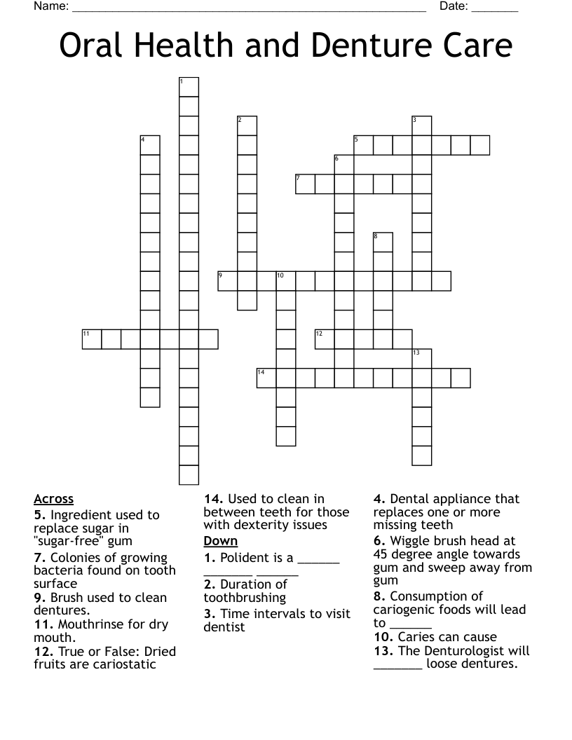 Oral Health and Denture Care Crossword