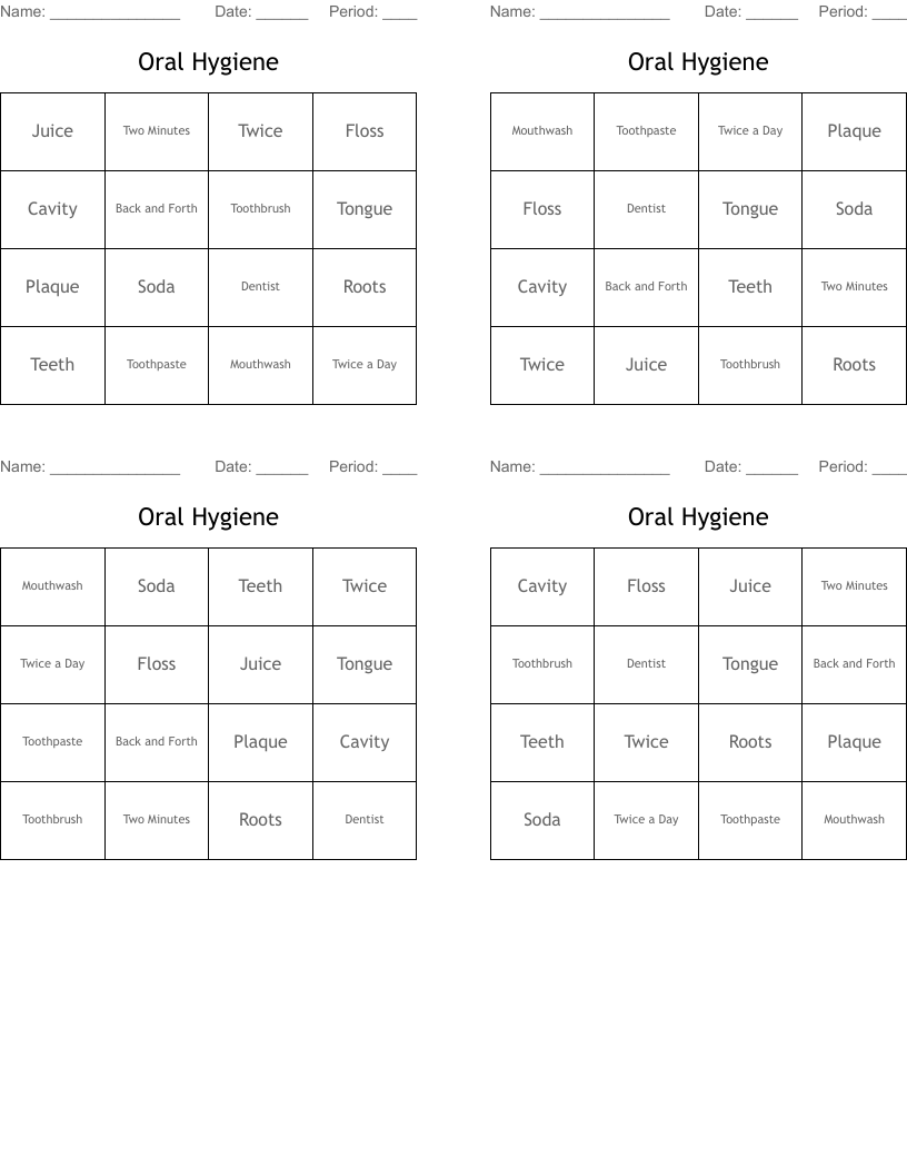 Oral Hygiene Bingo Cards