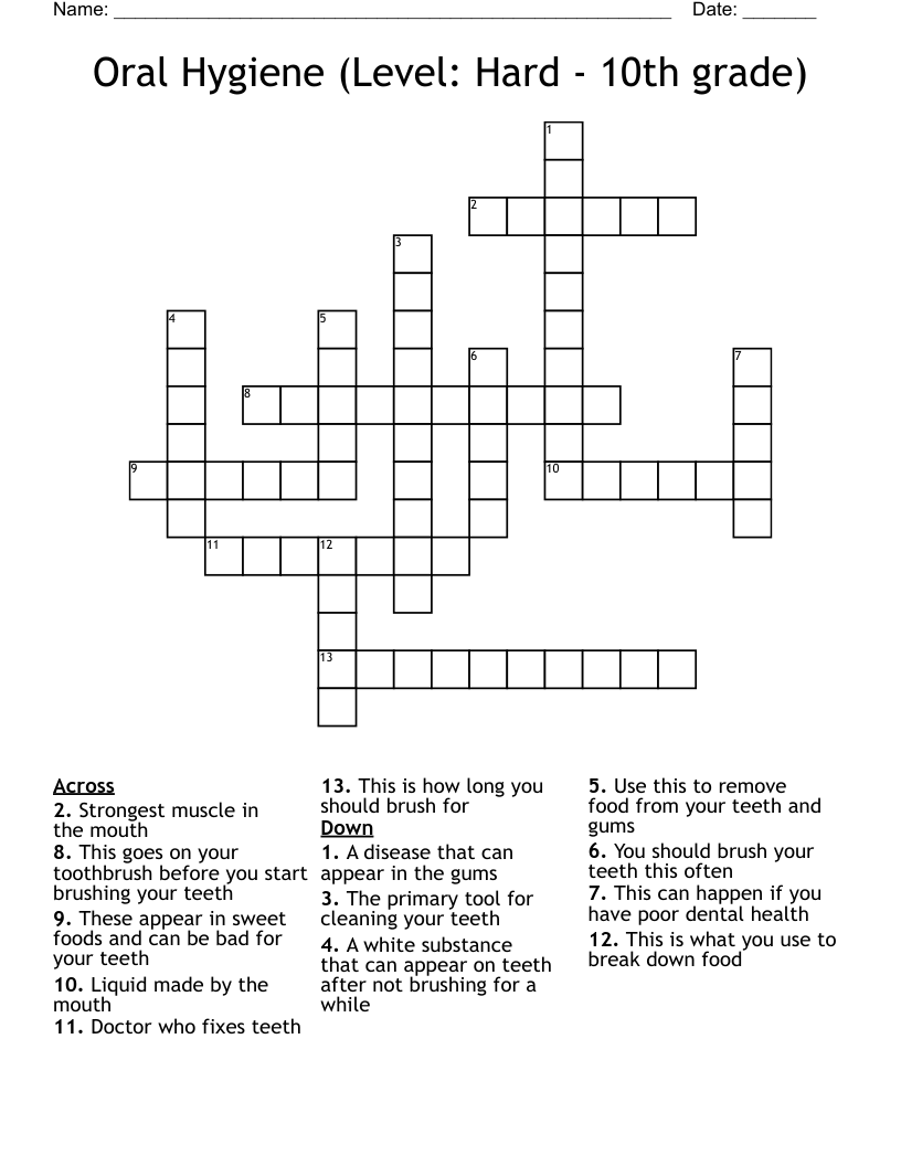 Oral Hygiene (Level: Hard - 10th grade) Crossword