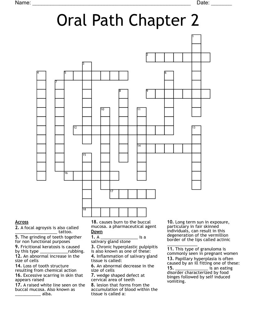 Oral Path Chapter 2 Crossword