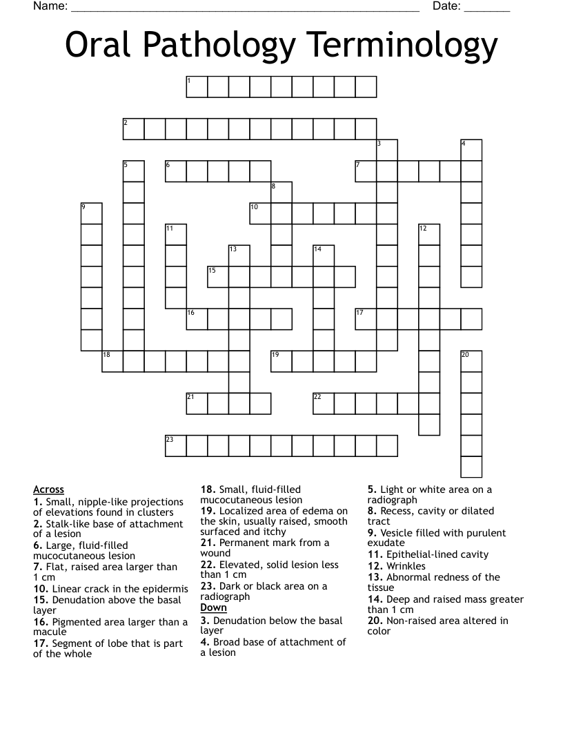 Oral Pathology Terminology Crossword