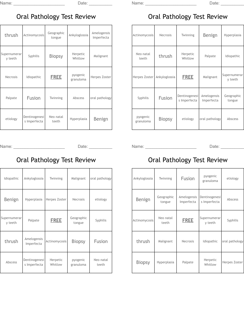Oral Pathology Test Review Bingo Cards