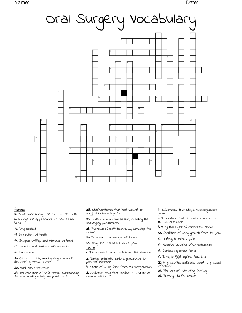 Oral Surgery Vocabulary  Crossword
