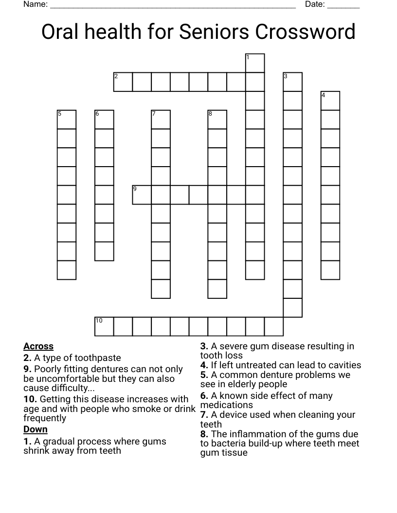 Oral health for Seniors Crossword