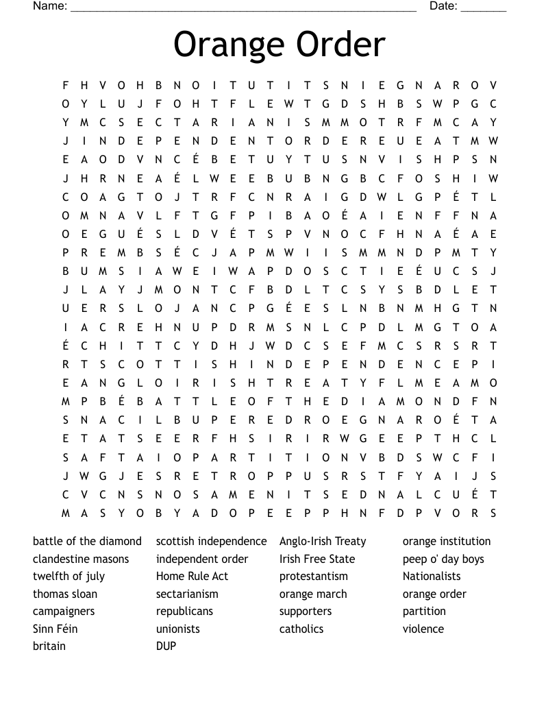 Orange Order Word Search